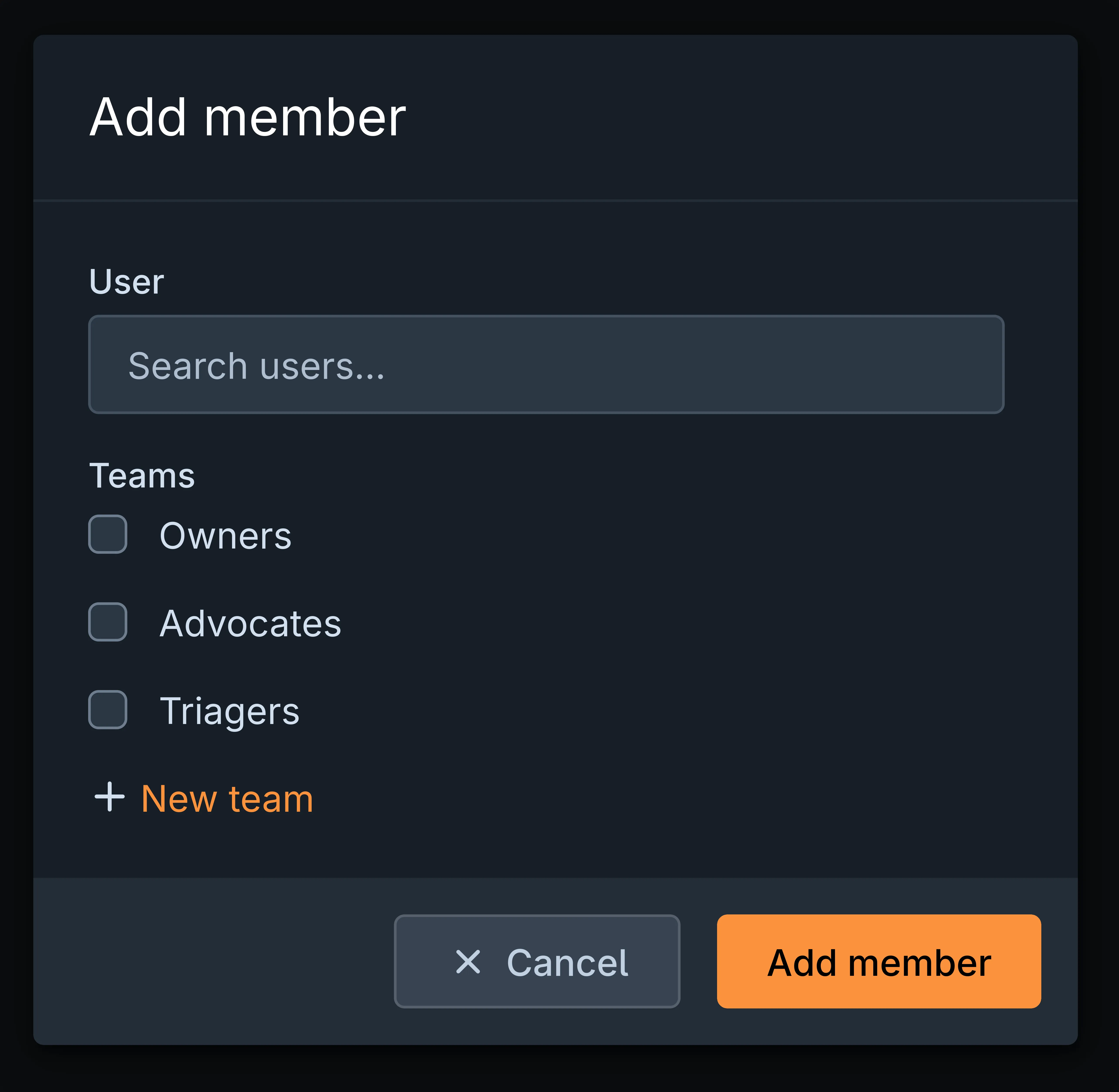Screenshot of a modal dialog titled "Add member" with field "User" and multiple checkbox options with team names