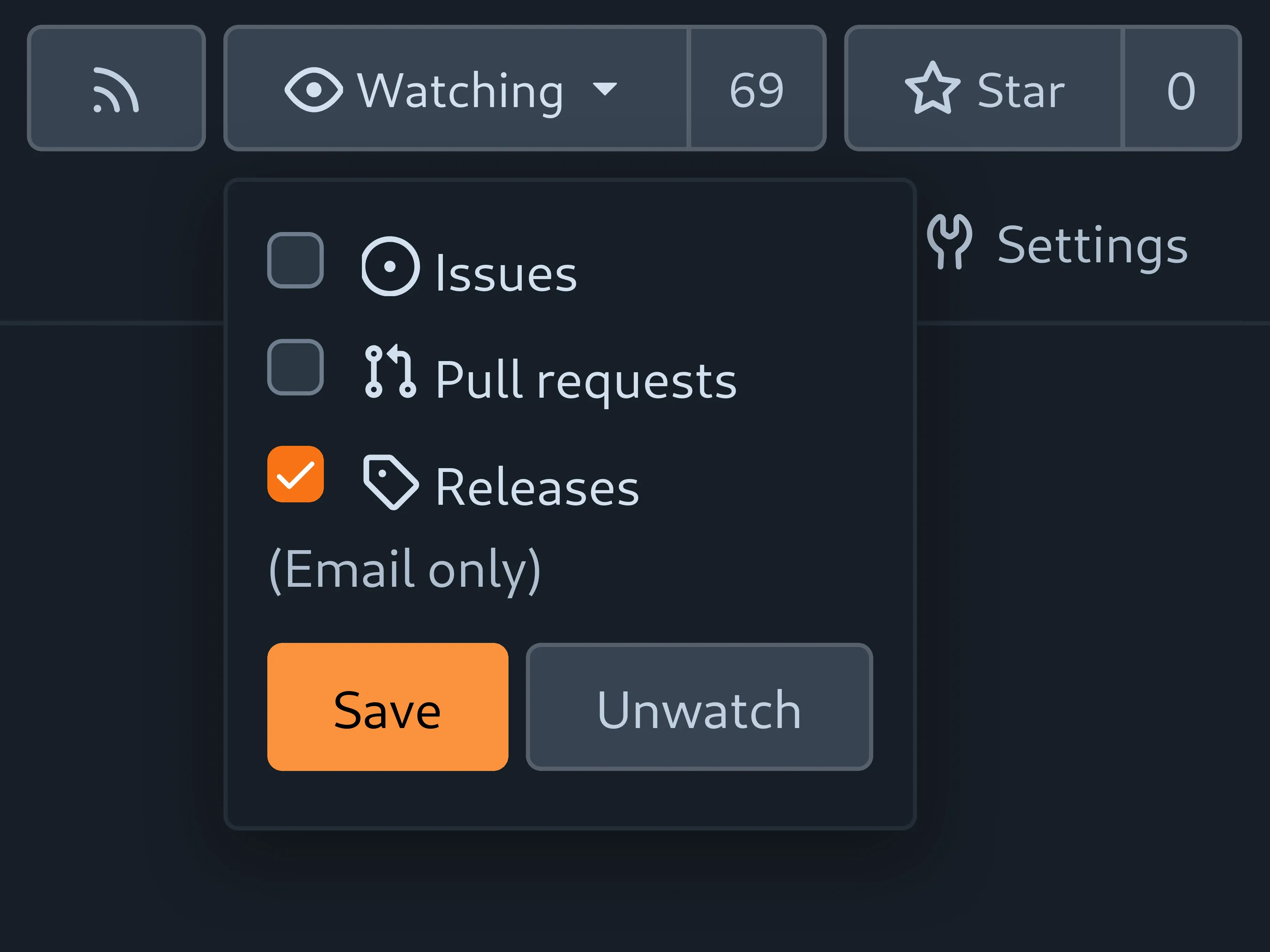 Screenshot of granular options in repository watch menu