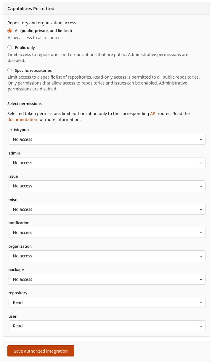 Screenshot of the "Capabilities Permitted" section of the UI, showing a list of permissions