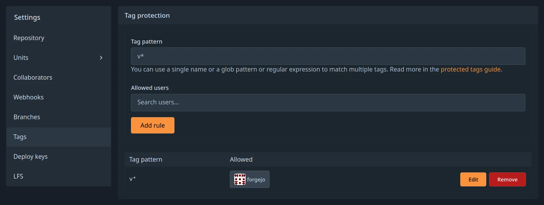 Tag protection settings