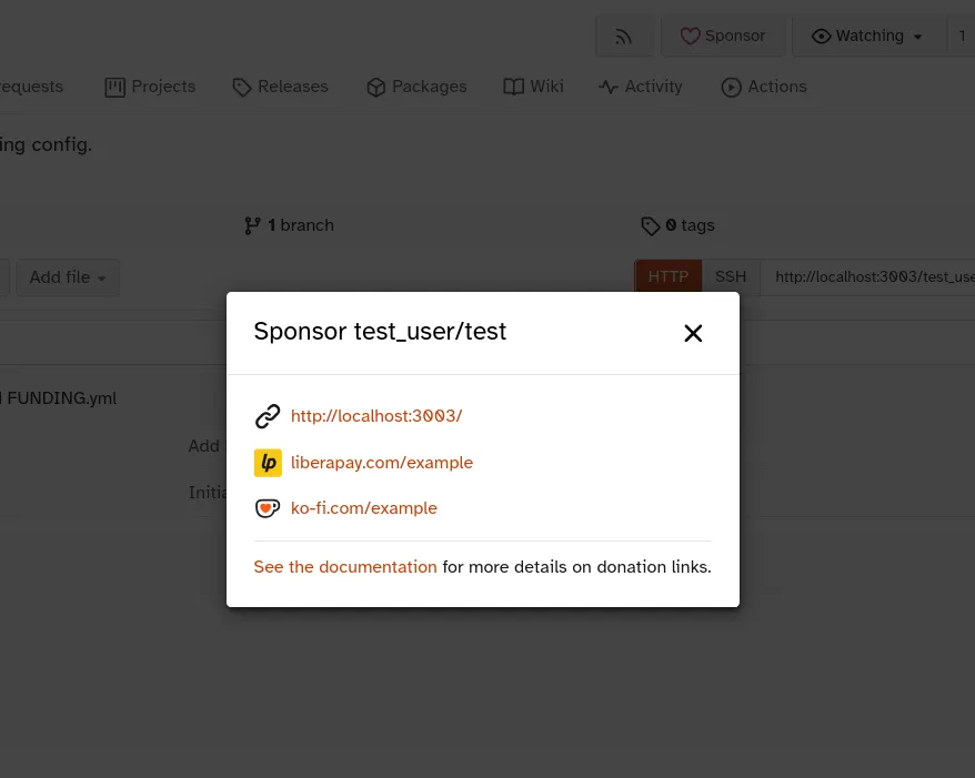 The modal sheet in this example is titled "Sponsor test_user/test". Listed here are three links to funding pages for this project, including Liberapay, Ko-fi, and one custom URL on localhost.