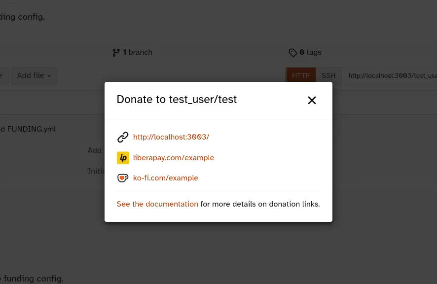 The modal sheet in this example is titled "Donate to test_user/test". Listed here are three links to funding pages for this project, including Liberapay, Ko-fi, and one custom URL on localhost.