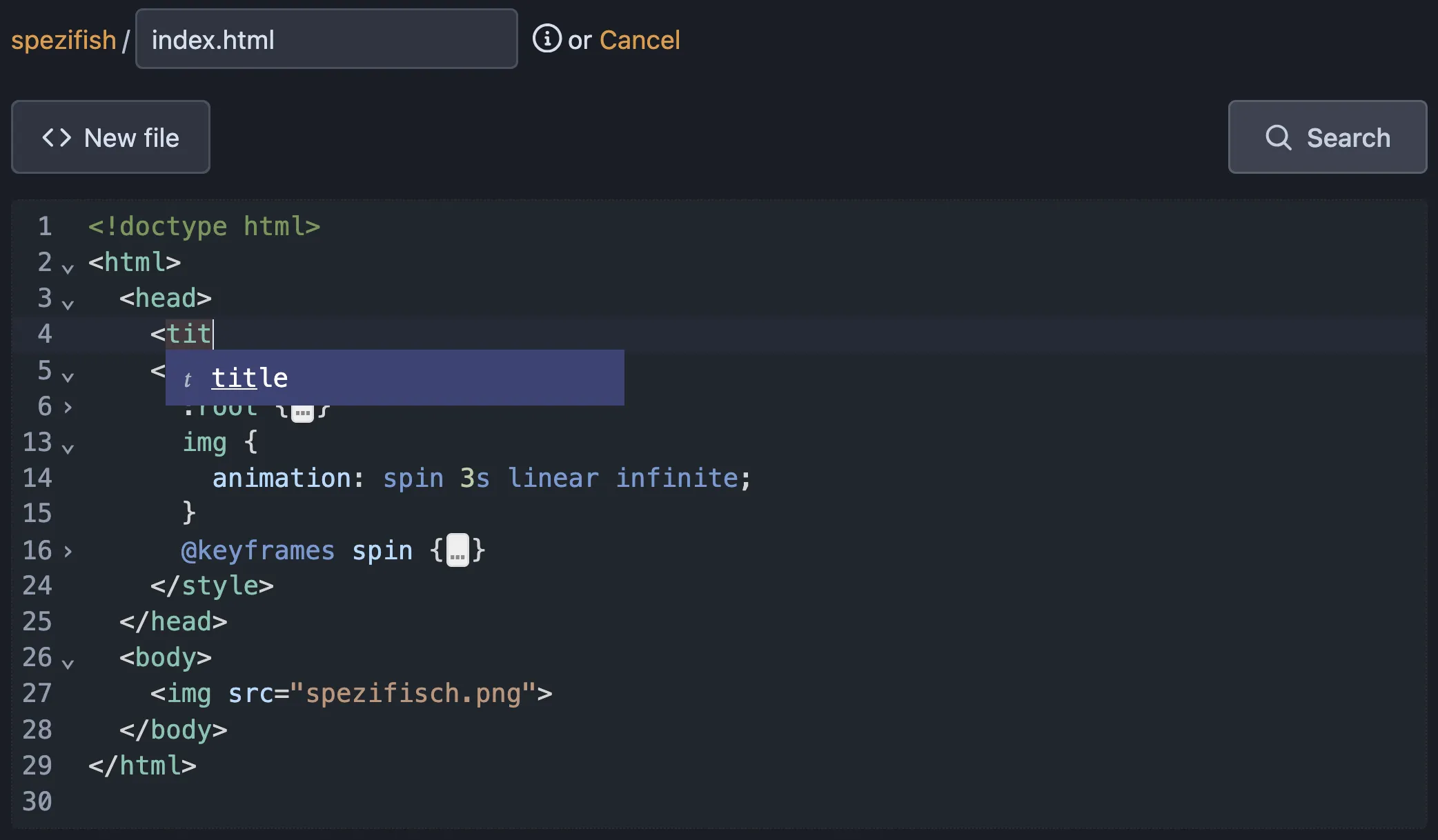 The new code editor with a new html file open