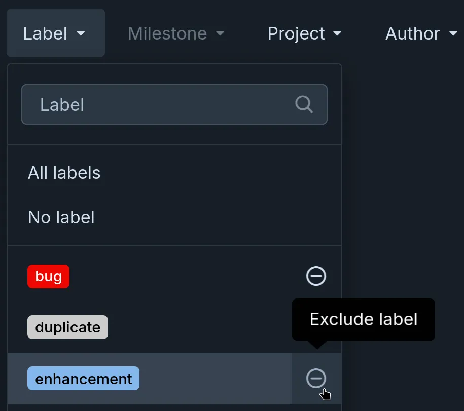 Screenshot demonstrating the new "Exclude label" buttons in the labels filter menu