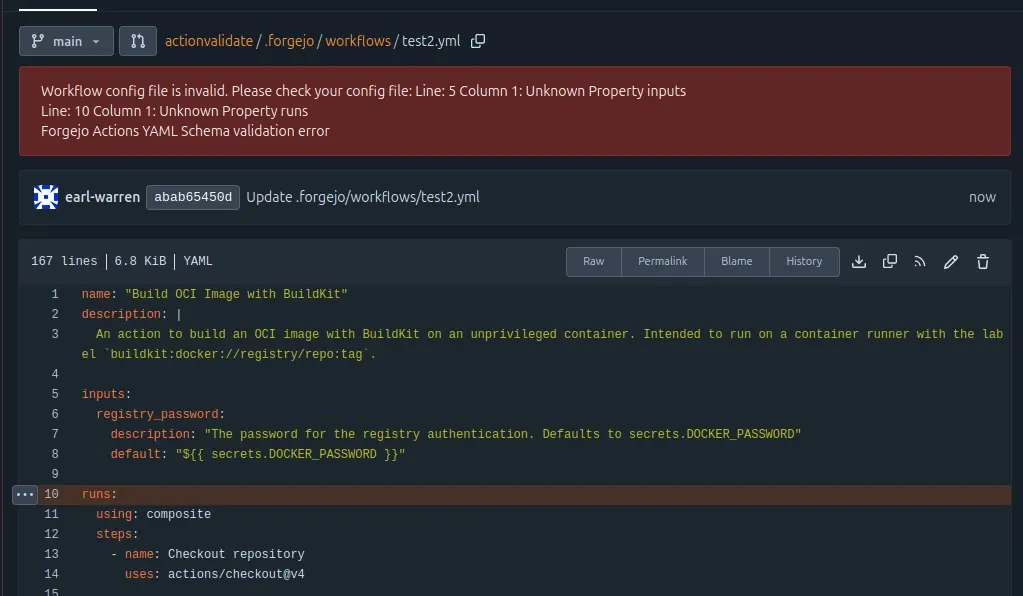 Viewing a Forgejo Actions workflow with schema validation errors