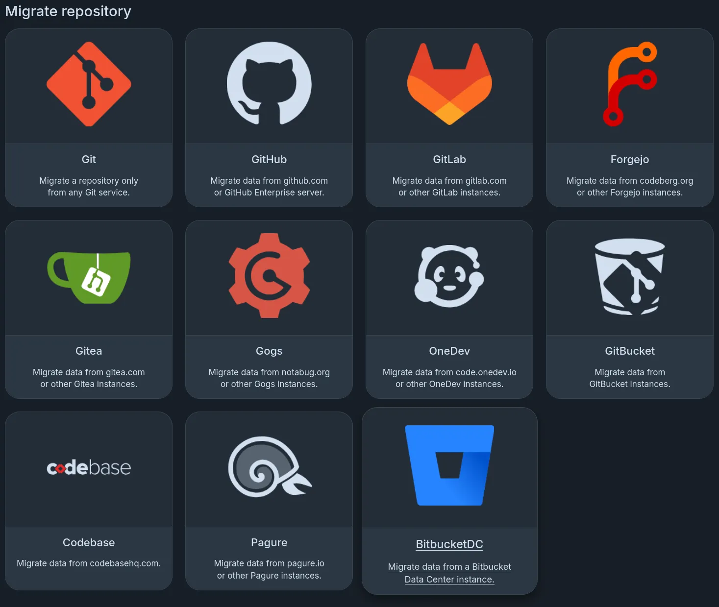 Migration page showing all the platforms repositories can be migrated from, which now includes a "BitbucketDC" entry