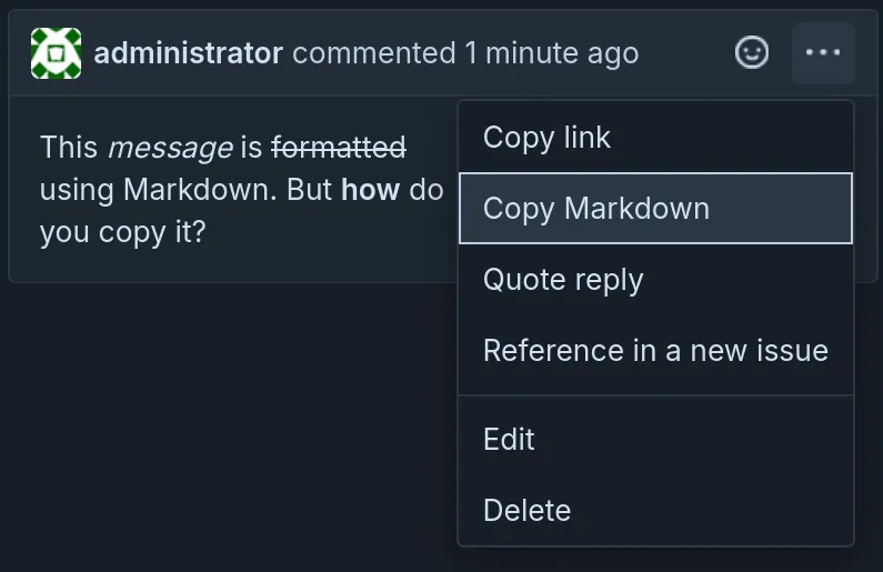 Comment ellipsis menu with highlighted option: Copy comment Markdown