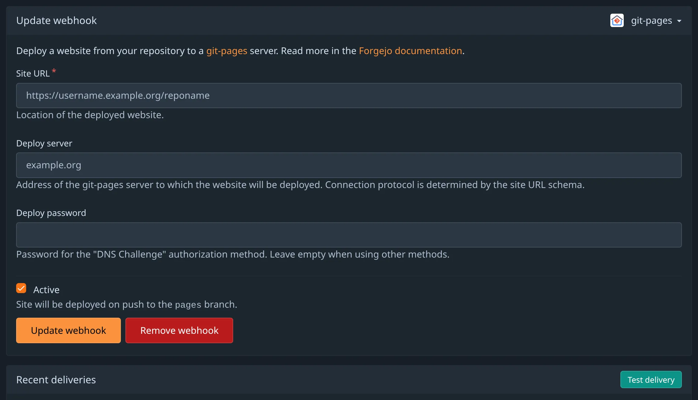 screenshot of git-pages webhook form