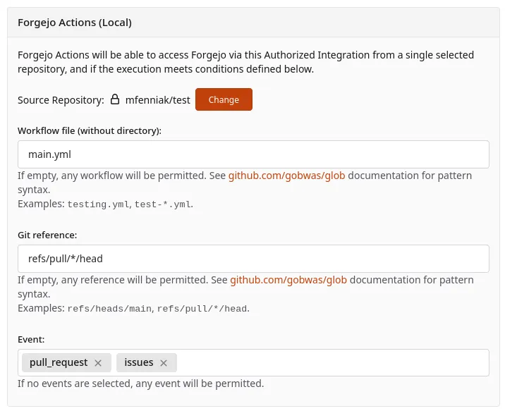Screenshot of the Forgejo Actions (Local) section of an Authorized Integration