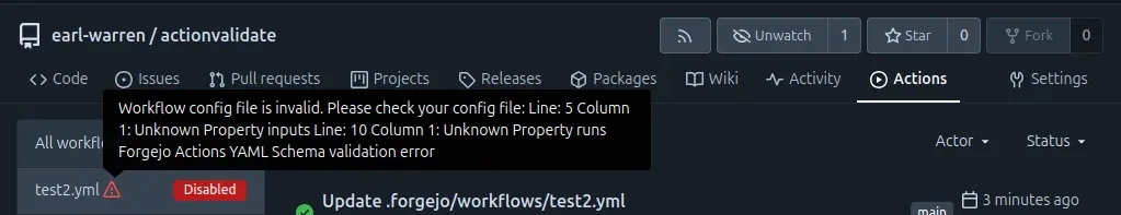 Action list with schema validation errors on hover