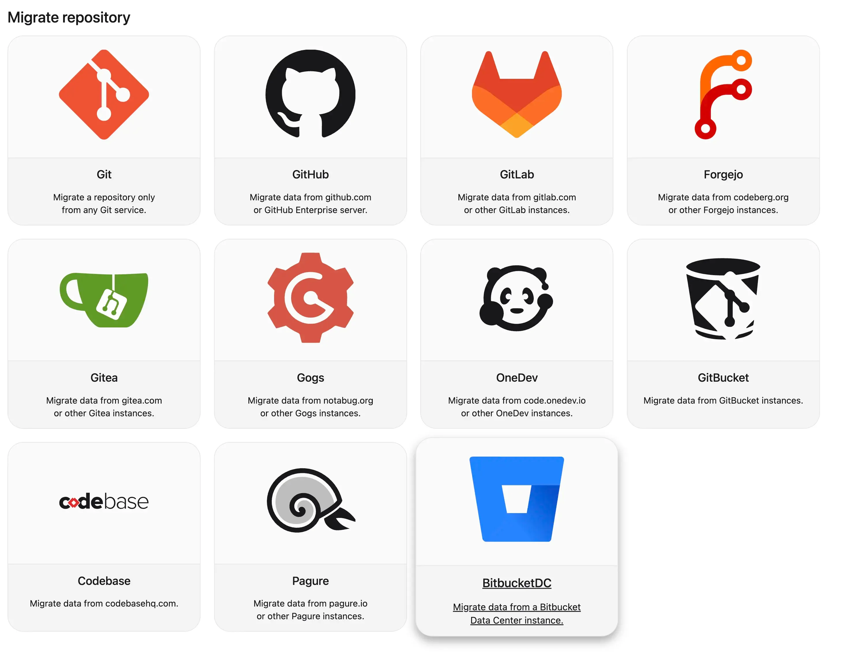 Migration page showing all the platforms repositories can be migrated from, which now includes a "BitbucketDC" entry