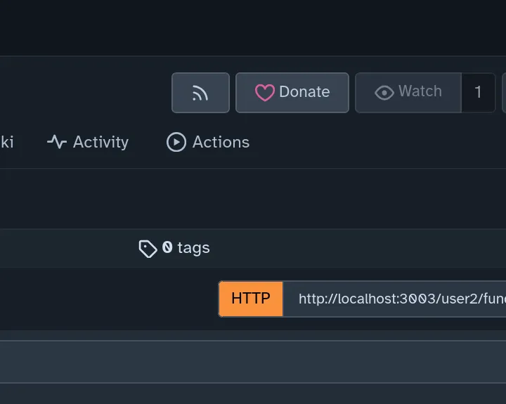 When applicable, a new "Donate" button appears in the repository's button banner, between the existing RSS and Watch buttons. The new button features a pink heart icon.