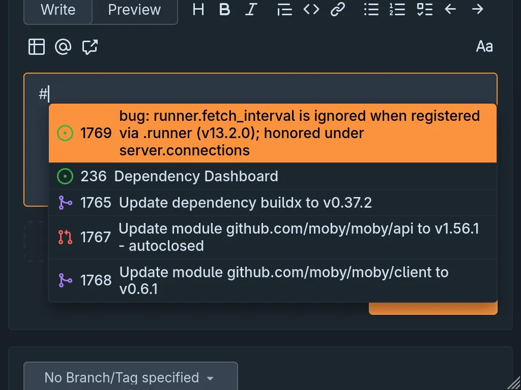 An example auto-completion drop-down, showing suggested issues and pull requests after # is typed in a comment field